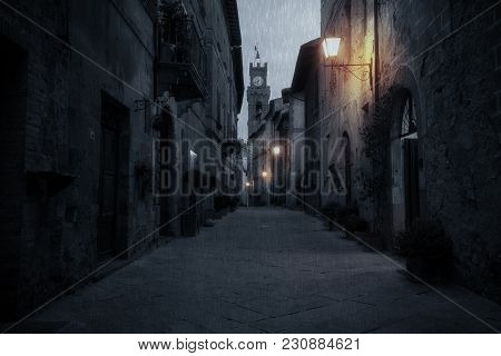 Old European Street After Dark. Pienza, Tuscany, Italy.