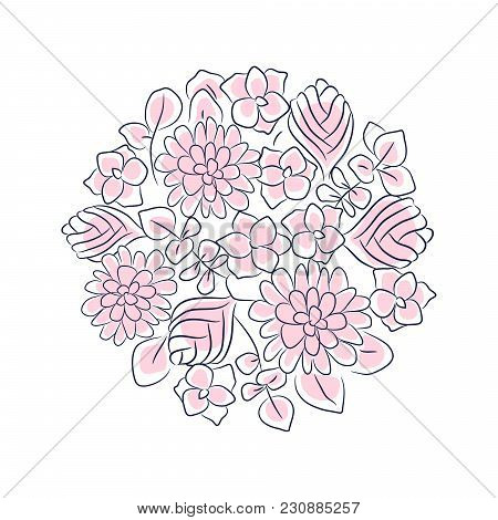 Floral Rosette Vector Isolated Composition. Line Style Handdrawn Flowers In A Circle Shape Placement