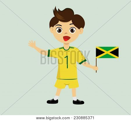 Fan Of Jamaica National Football, Hockey, Basketball Team, Sports. Boy With Jamaica Flag In The Colo