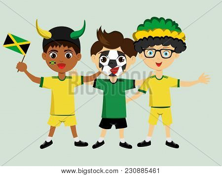 Fan Of Jamaica National Football, Hockey, Basketball Team, Sports. Boy With Jamaica Flag In The Colo