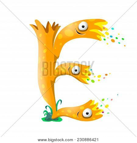 Vector One Letter E Of Sea Cartoon Alphabet Isolated On White Background.