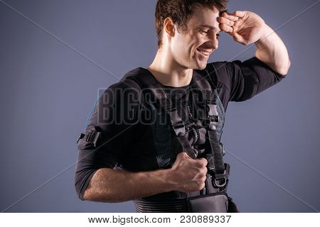 Tired Sportsman Wipes Sweat After Training With Ems