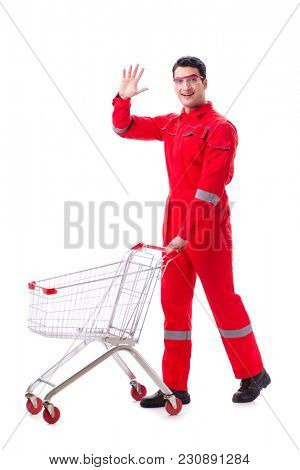 Repairman with shopping cart in industrial procurement concept