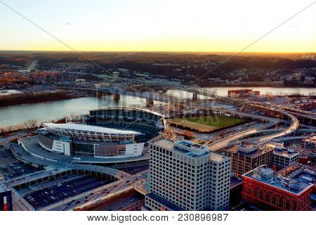 Aerial view of Cincinnati, Ohio looking across the river into Covington, Kentucky
