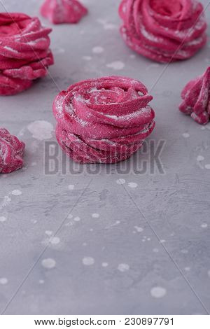 Homemade Meringues Cookies. On Gray Background With Copy Space