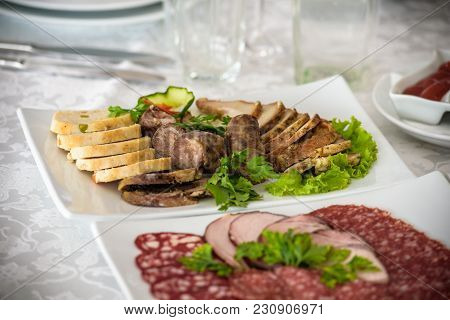 Catering Table Set Service With Silverware And Glass Stemware At Restaurant Before Party