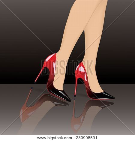 Female Legs In Shoes Patent Leather Red And Black High Heel Realistic Art Creative Vector Illustrati