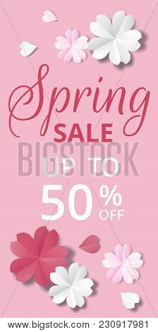Spring Sale Banner. Paper Flowers On Pink Background In Origami Stale