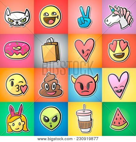 Set Of Colorful Emoticons, Emoji, Stickers Backgound, Vector Illustration