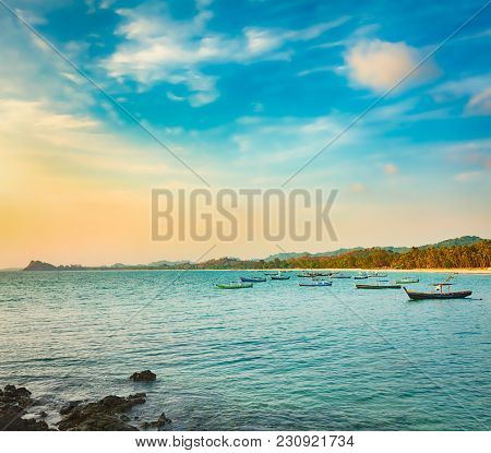  Seascape at sunset time. Beautiful landscape of the Indian ocean. Amazing view. 