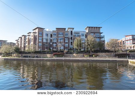 Lakeside Apartment Building Complex With Blue Sky In America