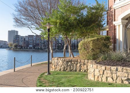 Lakeside Apartment Building Complex With Blue Sky In America