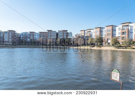 Lakeside Apartment Building Complex With Blue Sky In America