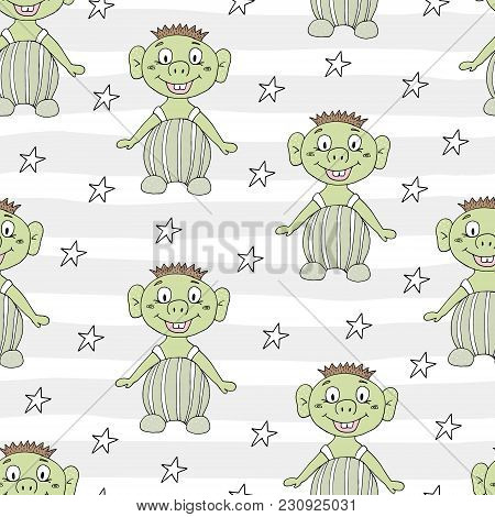 Seamless Pattern With Cute Cartoon Smiling Monster
