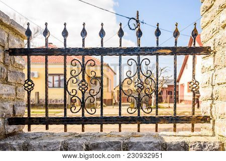 Wrought Iron And Cut Stone Fence, Fence On Wall