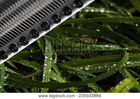 Grass On A Background Of Iron Details. Background Image Of The Interaction Of Nature And Technology.