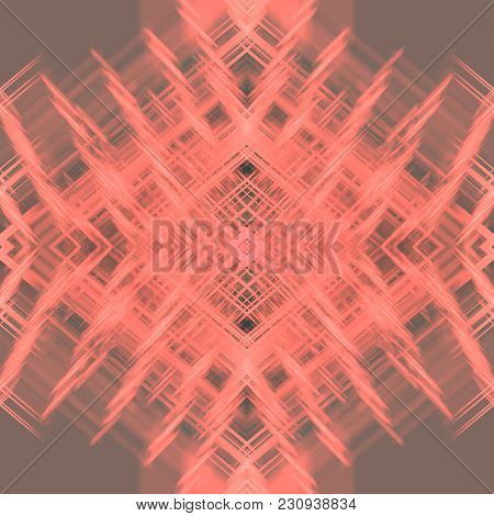 Kaleidoscope Pattern With Bright Coral Stains, Streaks, Strokes On Brown Rhombus. Abstract Backgroun