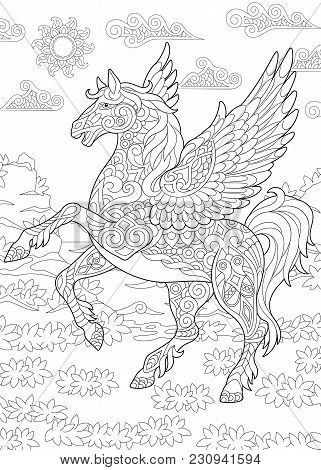 Coloring Page For Adult Colouring Book. Pegasus - Greek Mythological Winged Horse Flying. Antistress