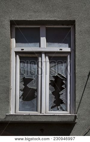 Broken Window In An Abandoned House.. Old House In Municipality Of Belediye In Istanbul.