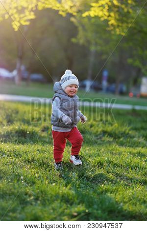 Portrait of toddler child in warm vest jacket outdoors. One year old baby boy wearing vest jacket at park meadow. 