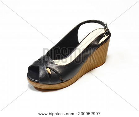 Luxury Woman Black High-heel Shoes, Slingback Shoes, Chunky Heel Shoes, Isolated On White Background
