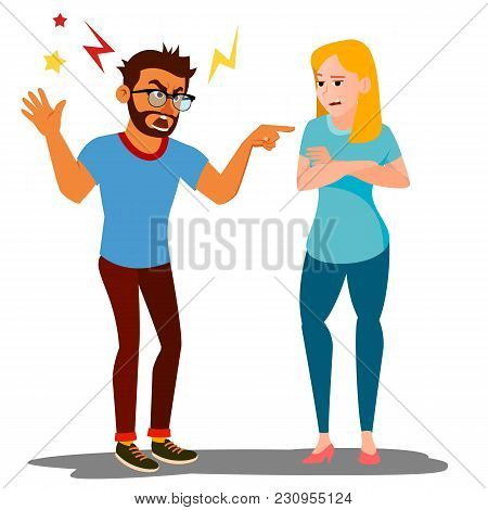 Quarrel Man And Woman Vector. Office Workers Characters Conflict. Disagreements. Negative Emotions. 