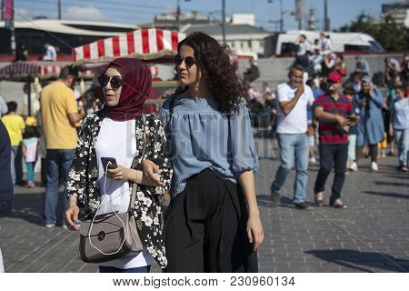 Istanbul Turkey 05 July 2017 People At Eminonu Square In The Old Town, Istanbul, Turkey, Europe