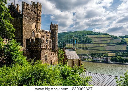 Rheinstein Castle at Rhine Valley (Rhine Gorge) in Germany. Built in 1316 and rebuilt in 1825-1844. 