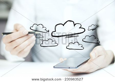 Concept View Of Cloud Stockage With Icon Around A Smartphone