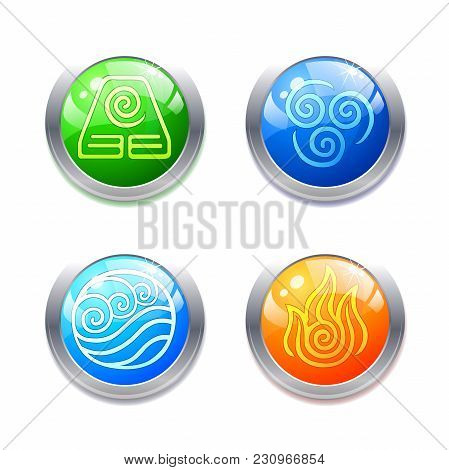Four Elements Abstract Symbols And Alternative Energy Icons On White Background. Template For Busine
