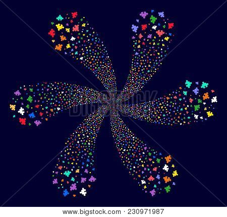 Multi Colored Component Cycle Burst On A Dark Background. Psychedelic Curl Created From Randomized C