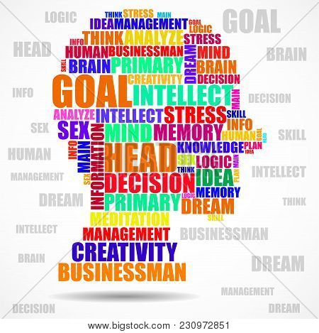 Abstract Colorful Silhouette Human Head Of Words. Vector
