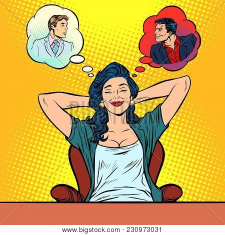 Woman Dreams, Angel Vs Devil Man. Pop Art Retro Vector Illustration Comic Cartoon Vintage Kitsch Dra