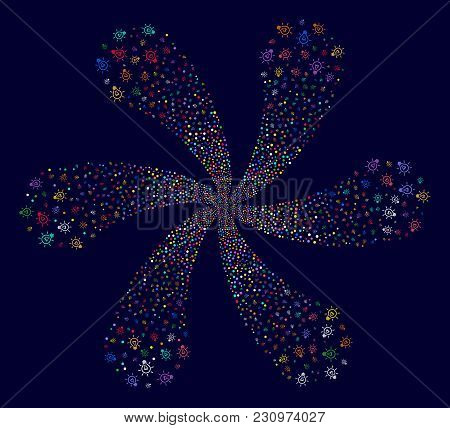 Multi Colored Light Bulb Cycle Bang On A Dark Background. Hypnotic Spiral Designed From Scattered Li