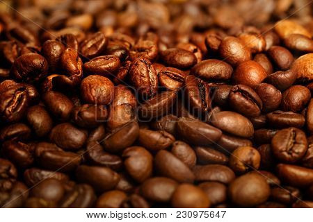Coffee Beans Close-up. Beautiful Saturated Colore, Spresso