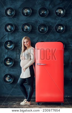 Beautiful Pregnant Woman Loking For Food Red Refrigerator