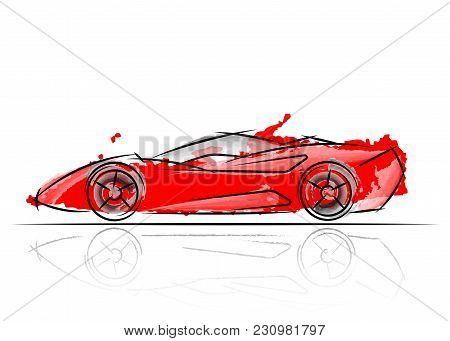 Stylized Red Car Design , Vector Illustration Watercolor Style A Sketch Drawing