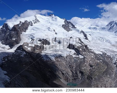 Monte Rosa, Landscapes Of Alpine Glacier And Dufourspitze Highest Mount In Swiss Alps At Switzerland