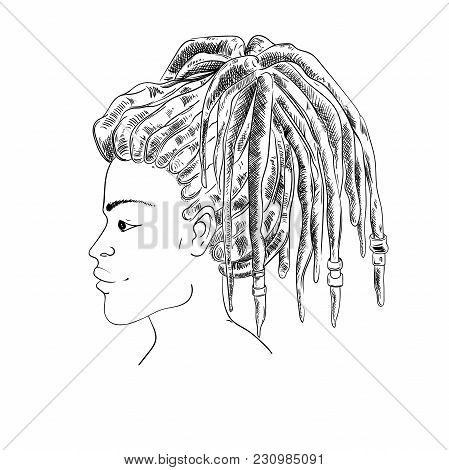 Portrait Of Woman With Dreadlocks In Profile. Isolated On White Background. Black And White Vector I