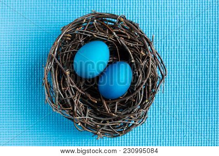 Easter Eggs In The Nest On Blue Background