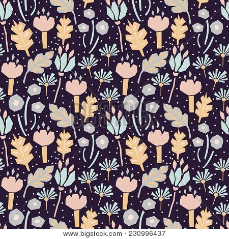 Seamless Flower Pattern With Cutout Florals. Deep Violet Repeat Background And Pastel Color Plants.