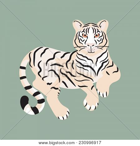 Tiger Lying On The Ground Isolated Vector. Hand Drawn Wild Daring Animal Illustration For Apparel An
