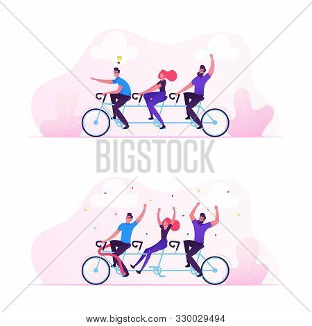 Team Work Business Success Concept. Businesspeople Riding Bicycle Generating New Idea, Man With Ligh