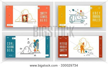 Coal Mining Occupation Website Landing Page Set. Workers Mining Carbon On Quarry Loading To Truck An