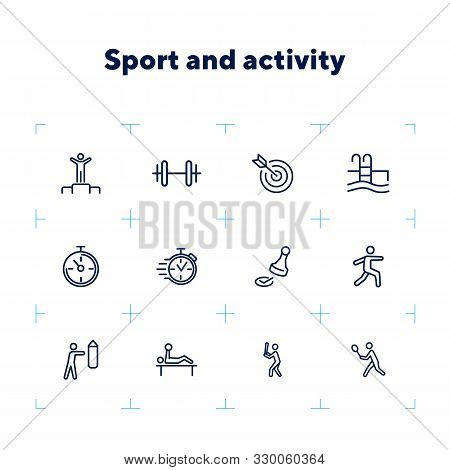 Sport And Activity Icons. Set Of Line Icons On White Background. Stop Watch, Sportsman. Active Lifes