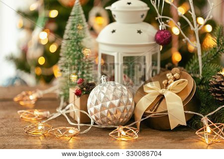 Holiday Christmas Wood Wallpaper With Lantern. Christmas Card Background With Lantern And Festive De