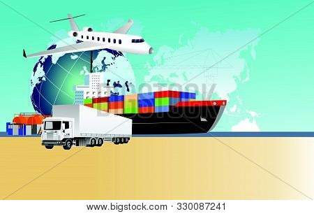 Logistics And Transportation Of Container Cargo Ship, Heavy Trucks And Sea Port With Working Crane I
