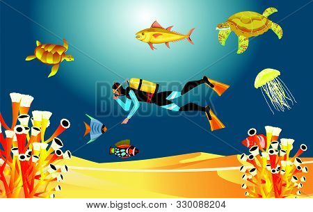 Coral Reef And Fishes On A Blue Sea Deep, Diver, Underwater Marine Life. Vector Panoramic Illustrati