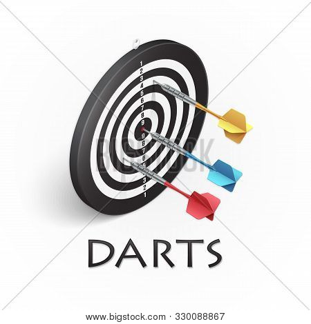 Darts Game Background. Vector Illustration Showing A Target And Colored Darts In Isometric