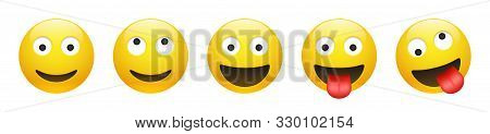 Set Of Vector Yellow Smiling, Dreaming, Insane, Crazy Emoticon With Opened Eyes On White Background.